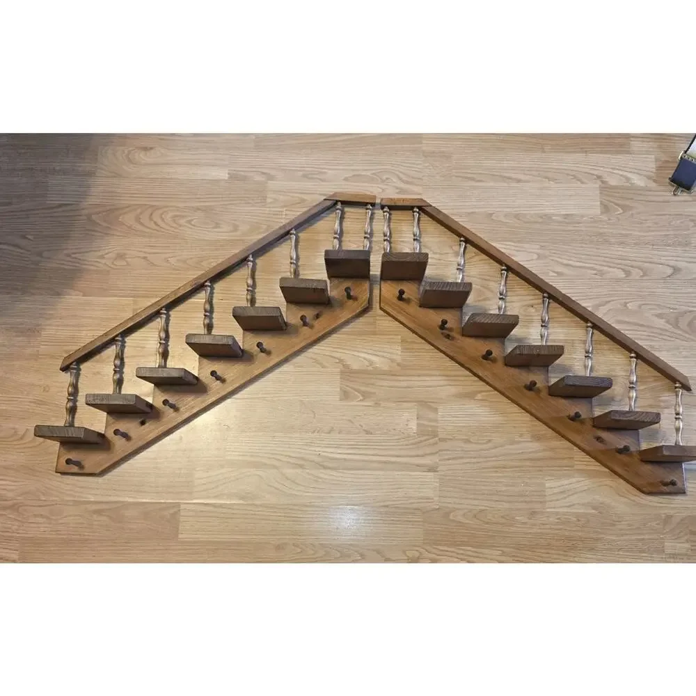 Vtg 2 Wooden Staircase Wall Display Shelves 7 Steps Each Spindles Pegs Handmade
